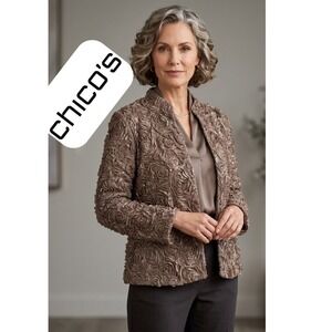 Chicos Rosette Sequin Jacket Taupe Mauve 3D Floral Open Front Sz 3 XL Minimalist